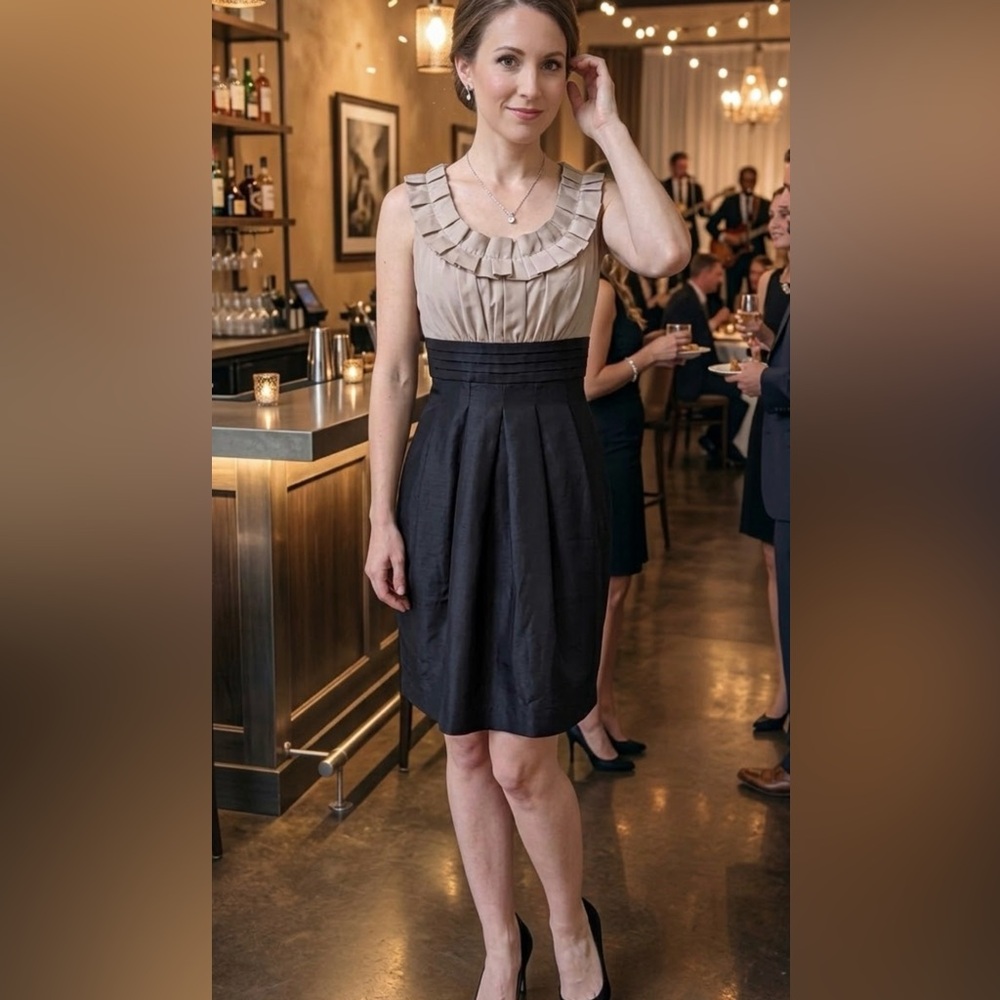 Black Beige Ruffle Detail Cocktail Dress